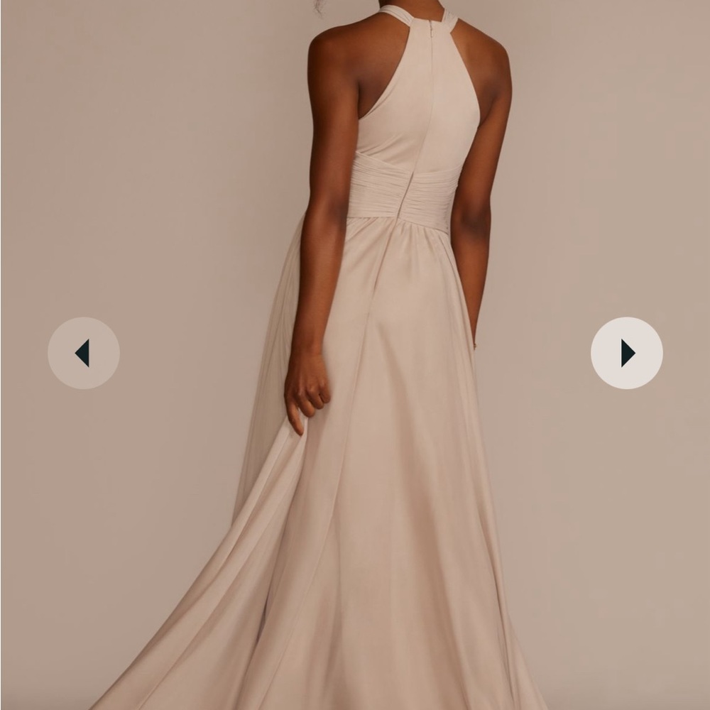 high-neck mesh bridesmaid dress with full skirt “ICE BLUE or LIGHT BLUE.”